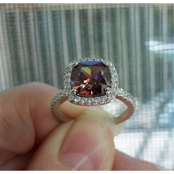 925 STERLING SILVER Cushion Cut Chocolate CZ Halo Ring - Picture 6 of 15